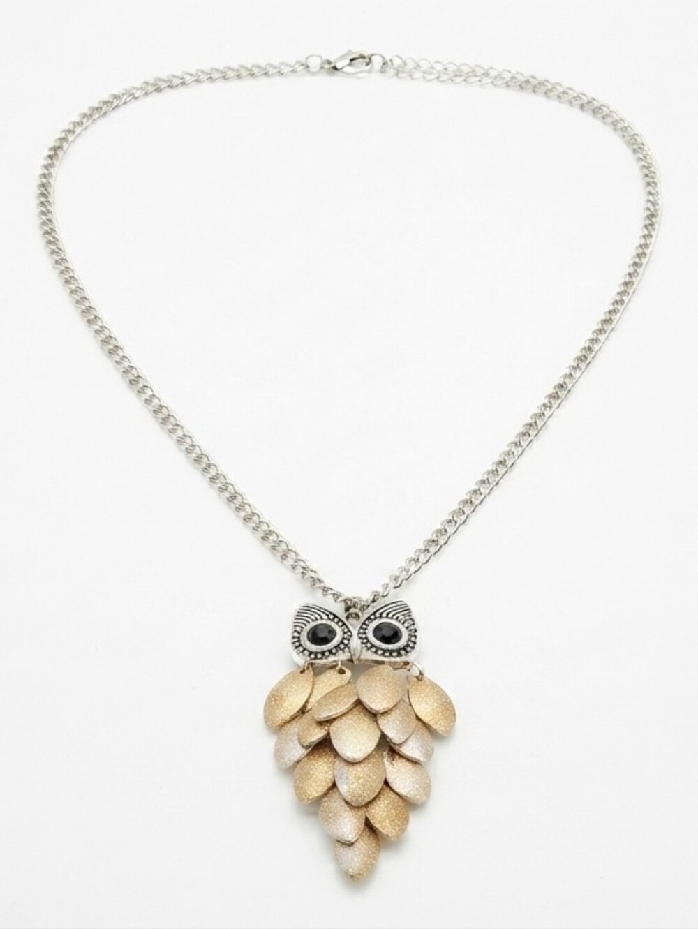 Silver Tone Owl Pendant Necklace with Layered Feather Texture Body and Black Eye